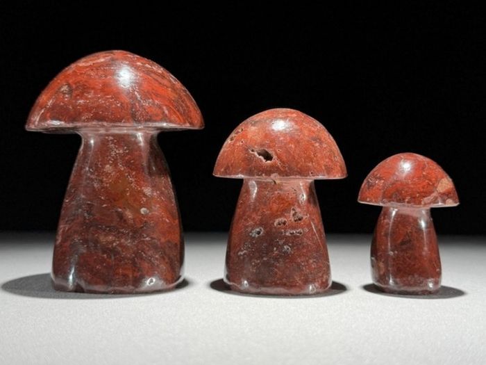 3 Hand-Carved Red Jasper Mushroom Sculptures - Natural Stone