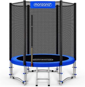 Trampoline with safety net, ladder and padded poles
