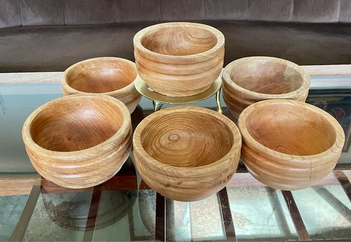 Rare Set 6 Rustic Irish Wood Turned Beehive Style Bowls Retos Shannon 1970s