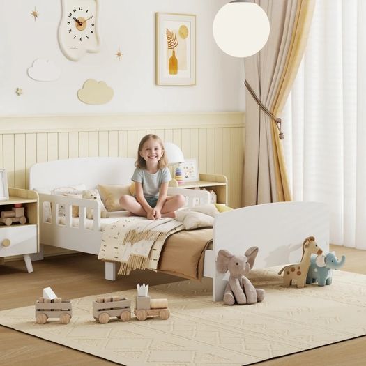 Toddler Bed, Kids Bed Frame with Safety Side Rails, Kids Bedroom Furniture for Ages 3-8 Years, White