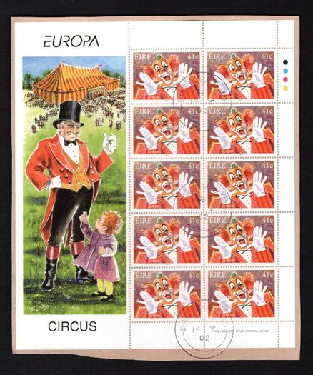 2002 Ireland Europa Circus (41c Clown & 44c Lady on Horse) Sheetlet Fine Used with Dublin CDS cancel of 14th May 2002 (Frist day of issued) on envelope extract.