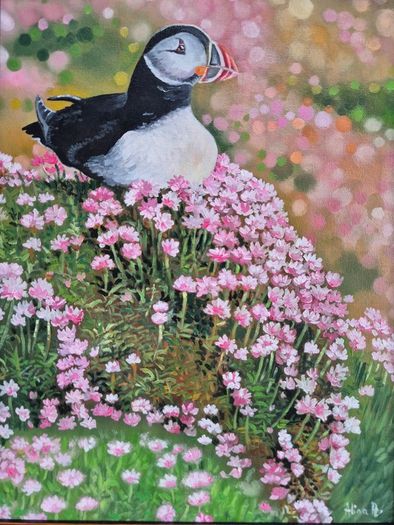 Puffin in the Sea Pinks | oil painting | framed