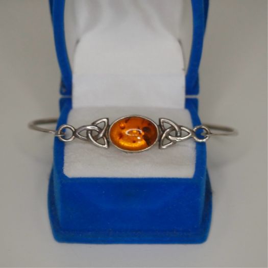 925 Sterling Silver Celtic Knot Bangle with Baltic Amber