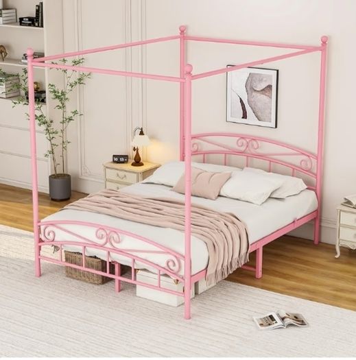 Canopy Bed Frame with Ornate European Style Headboard & Footboard Sturdy Steel Perfectly Fits Your Mattress Easy DIY Assembly All Parts Included