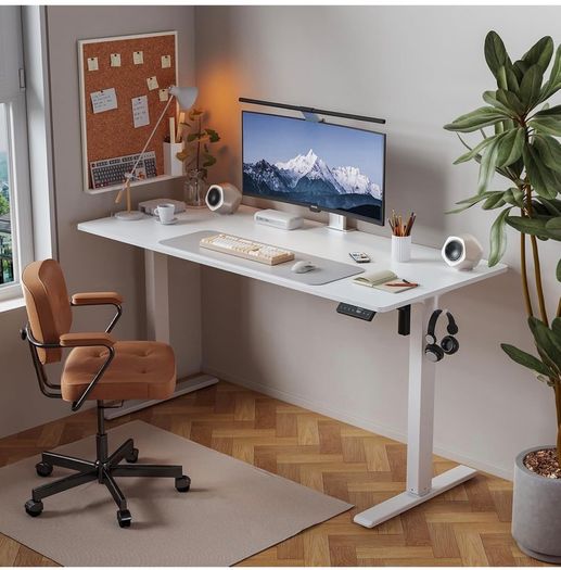 Electric Standing Desk, 100 x 60 cm, White Height Adjustable Desk, 2 Hooks, 4 Memory Heights, 72-118cm, Splice Board, Ergonomic Sit Stand Computer Desk for Home Office