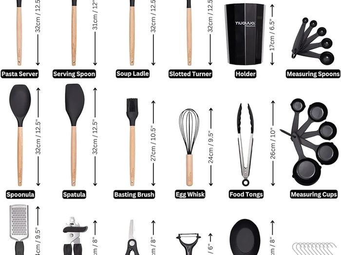 Kitchen Non Stick Cooking Utensils Set Heat Resistant Silicone Utensils with Wooden Handle Ladles, Spoons and Spatulas Set  Kitchen Tools & Accessories 35pcs, Black