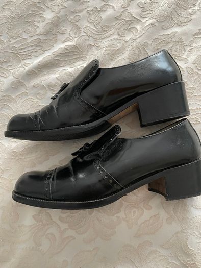 Marco Moreo Vintage Black Leather Tassel Loafers - Size 38.5 - Block Heel - Brogue Detail