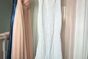White Sequin-Embellished Spaghetti Strap Mermaid Evening Gown