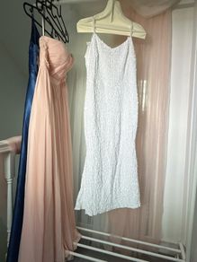 White Sequin-Embellished Spaghetti Strap Mermaid Evening Gown