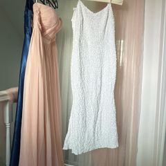White Sequin-Embellished Spaghetti Strap Mermaid Evening Gown
