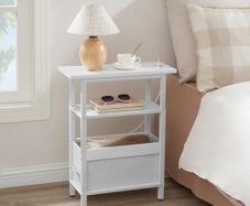 Side Table with Charging Station, 3 Tier Small End Table for Small Spaces, Slim Side Shelf with Storage, for Living Room