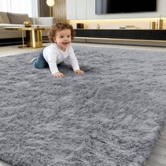 Fluffy High Pile Rugs Living Room, Anti Slip Shaggy Soft Carpet, Machine Washable Modern Large Thick Area Rugs for Bedside, Kids Bedroom - Grey, 120 x 160 cm