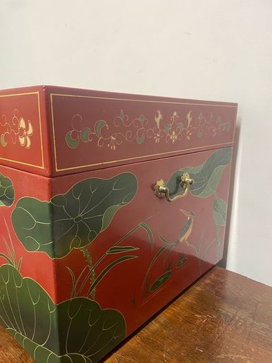 Large Chinese Style Red Lacquered Storage Chest, Hand Painted Design
