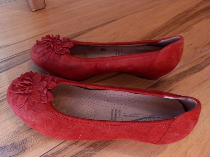 Red Suede Floral Low Wedge Ballet Pump
