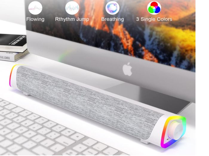 SOULION R30 Plus Computer Speakers, Wired USB-Powered Bluetooth V5.3 PC Sound Bar, Colorful LED Lights with Switch Button, Surround Sound Portable Computer SoundBar