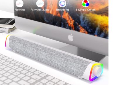 SOULION R30 Plus Computer Speakers, Wired USB-Powered Bluetooth V5.3 PC Sound Bar, Colorful LED Lights with Switch Button, Surround Sound Portable Computer SoundBar