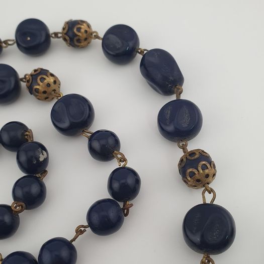 Antique African Style Cobalt Blue Glass & Brass Beads Long Necklace