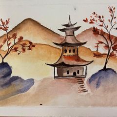 Watercolour painting - House on hill  -A5