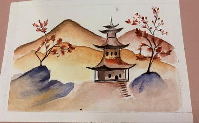 Watercolour painting - House on hill  -A5