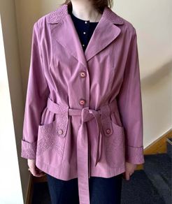 Dusty Pink Belted Jacket, Lightweight Spring Coat, Embroidered Detail, Chic Women's Blazer Size XL/XXL