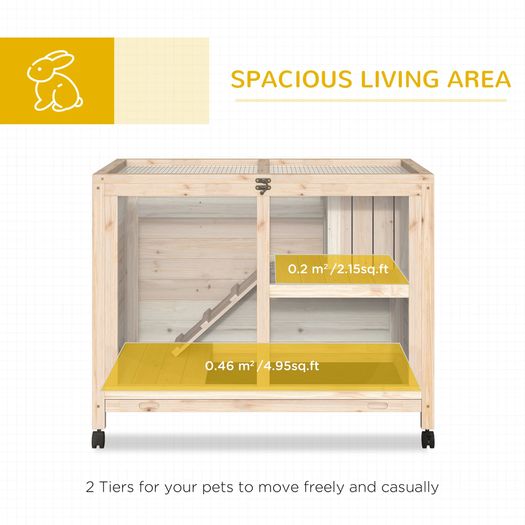 Wooden Rabbit Hutch Guinea Pigs House Bunny Small Animal Cage w/ Pull-out Tray Openable Roof Wheels, Natural