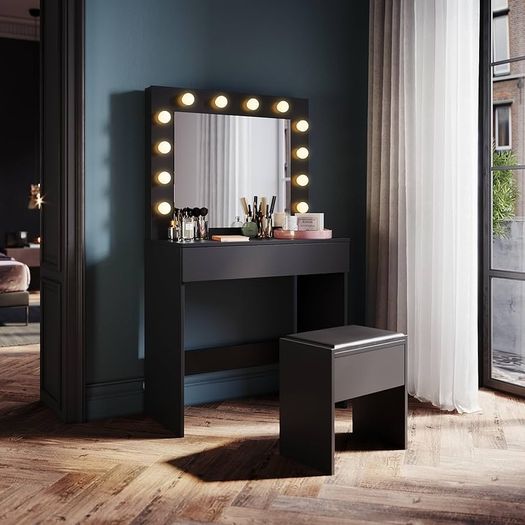 dressing table with stool, illuminated mirror, drawers, cosmetic table with 12 lights, 10 adjustable brightness, 3 colors, dressing table chest of drawers for bedroom, black, 80x40x140cm.