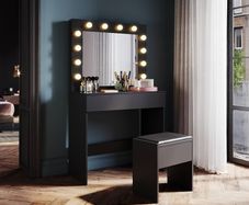 dressing table with stool, illuminated mirror, drawers, cosmetic table with 12 lights, 10 adjustable brightness, 3 colors, dressing table chest of drawers for bedroom, black, 80x40x140cm.