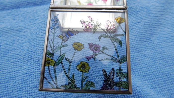 Vintage Hand Painted Waterside Flowers R Stained Glass Mirror Box