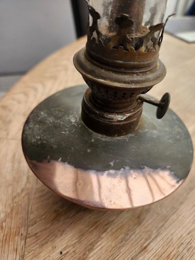 Victorian copper lamp on bun feet with chimney