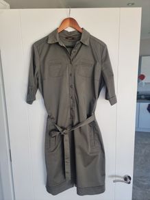 Khaki Midi Reiss Cotton Shirt Dress, Size 14