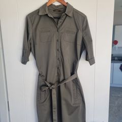 Khaki Midi Reiss Cotton Shirt Dress, Size 14