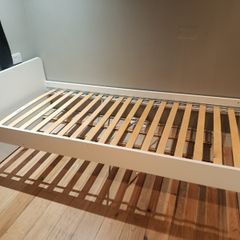 White single bed frame with slatted base