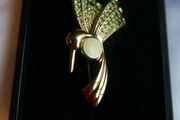 Vintage Monet Gold Plate Crystal Jelly Belly Hummingbird Brooch and Box