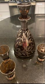 Amethyst Silver Decorated Decanter VINTAGE    With Three Matching Glasses