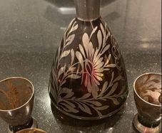 Amethyst Silver Decorated Decanter VINTAGE    With Three Matching Glasses