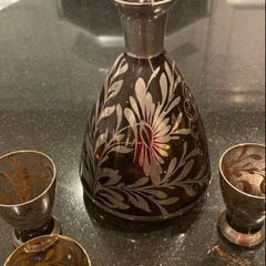 Amethyst Silver Decorated Decanter VINTAGE    With Three Matching Glasses