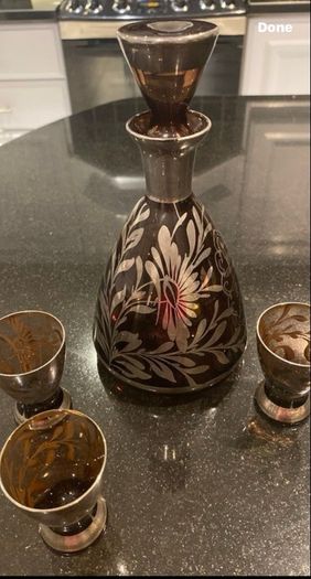Amethyst Silver Decorated Decanter VINTAGE    With Three Matching Glasses