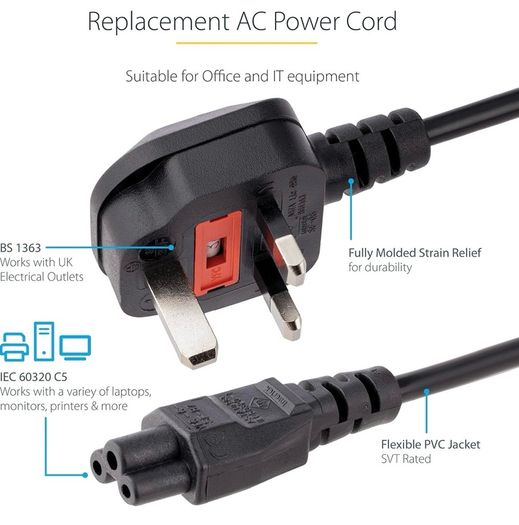 PXTNB3SUK1M 1m Laptop Power Cord - 3 Slot for UK - BS-1363 to C5 Clover Leaf Power Cable Lead, Black