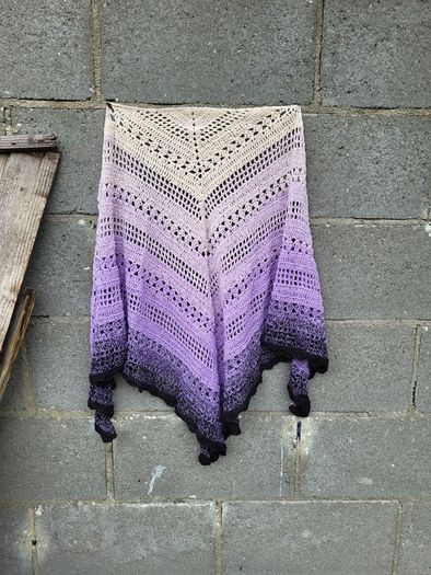 Handmade crochet triangle shawl wrap. Violet lila black ombre lacy shawl