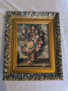 Floral still life high quality reproduction oil painting on canvas in an ornate chunky gold frame