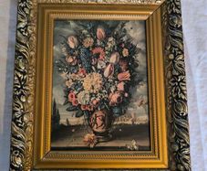 Floral still life high quality reproduction oil painting on canvas in an ornate chunky gold frame