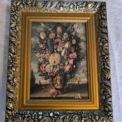 Floral still life high quality reproduction oil painting on canvas in an ornate chunky gold frame