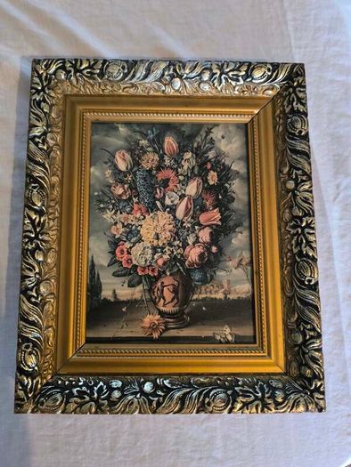 Floral still life high quality reproduction oil painting on canvas in an ornate chunky gold frame