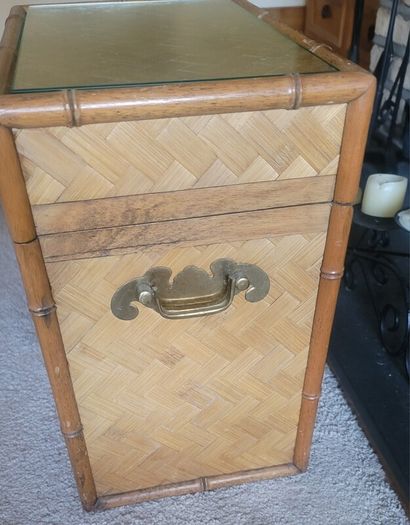 Vintage Rattan and Wood Tea Chest Storage Unit