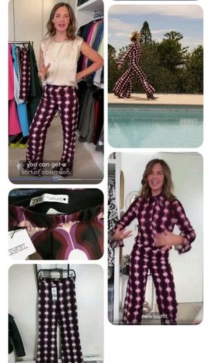 Amazing Zara Insta Famous Bloggers Limited Edition Pink Geo Print 3 Piece Suit, Blazer XL, Blouse XXL and Flare Trousers XL New with Tags