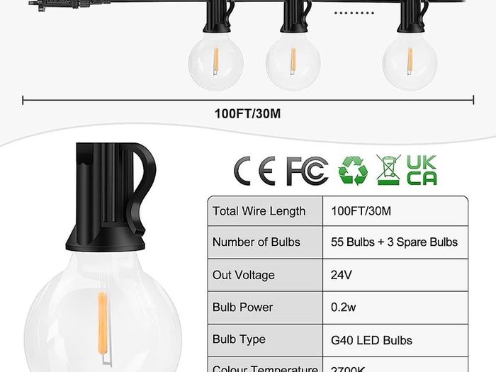 MASSIVE SALE Outdoor String Lights Mains Powered - 100FT/30M G40 Garden Festoon Lights with 55+3 Shatterproof LED Bulbs Waterproof for Outside Patio Gazebo Pergola