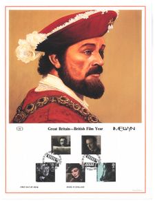 1985 Great Britain Limited Edition Lithographed Print measuring 333mm X 257showing British Film Year Commemorative stamps with First Day of Issue Cancel