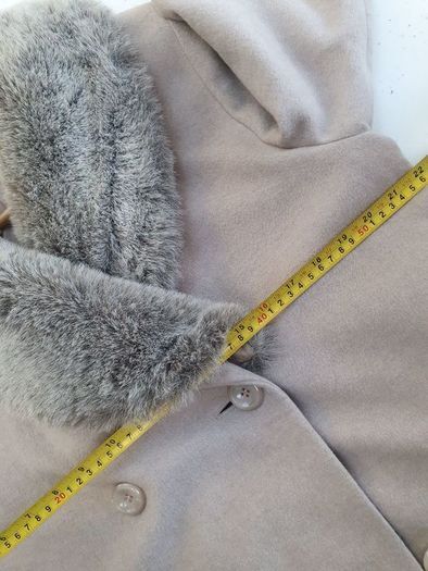 M&S wool and cashmere mix light taupe longline coat with detachable luxurious faux fur collar Sz 12 L (Fit 14-16UK)