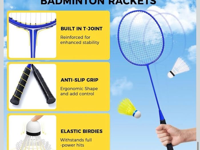 Outdoor Badminton Net Set with Anti-Sag Winch System - Official Size 6.1x1.55m, 4 Rackets, 3 Badminton Balls, Durable PE Net and Carrying Bag for Backyard, Beach and Family Games