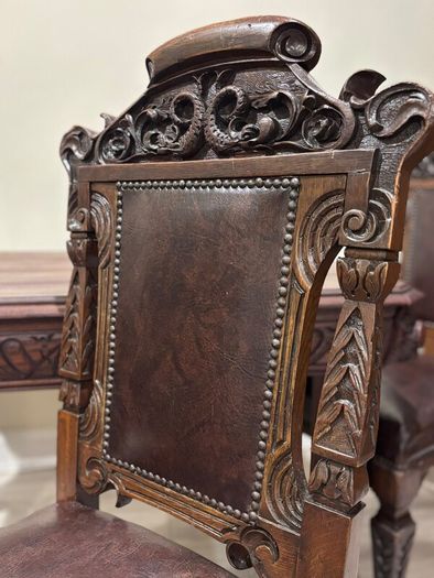 French Renaissance Revival Carved Oak Dining Set w/ 4 Leather Chairs